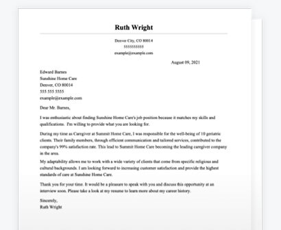 caregiver cover letter example