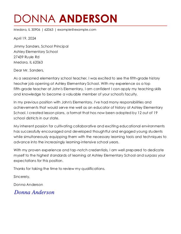 Cover letter example elementary school teacher.