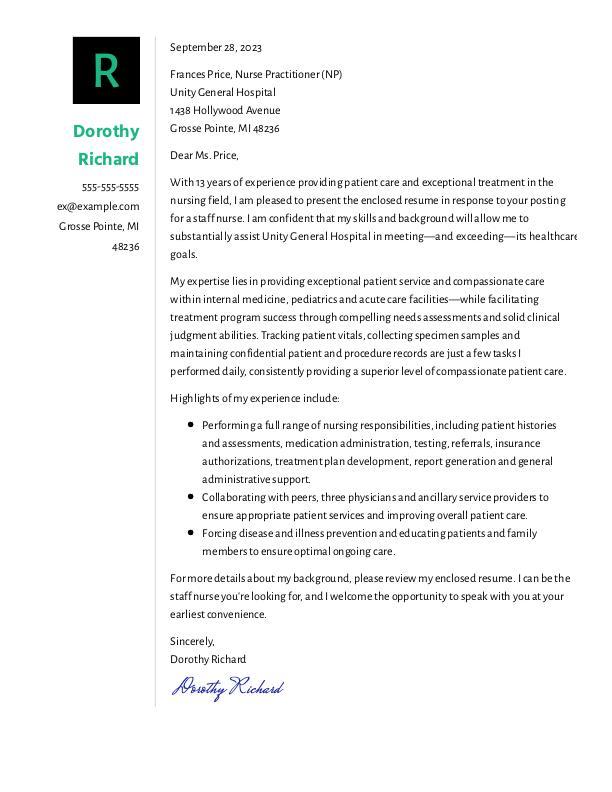 Cover letter example staff nurse