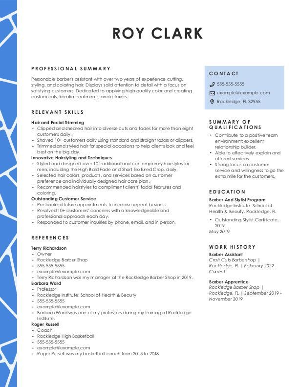 Resume example barber assistant