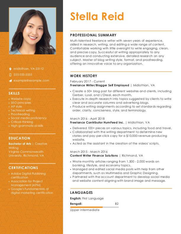 Freelance Writer Resume Example