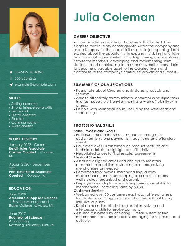Entry level resume example for a lead sales associate