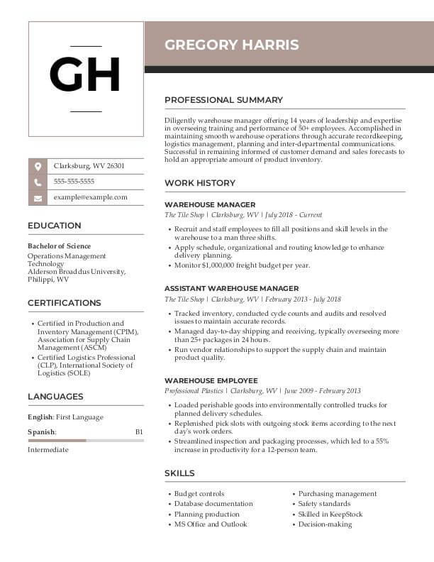 Resume Example for a Warehouse Manager