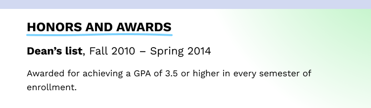 awards on resume - example 1