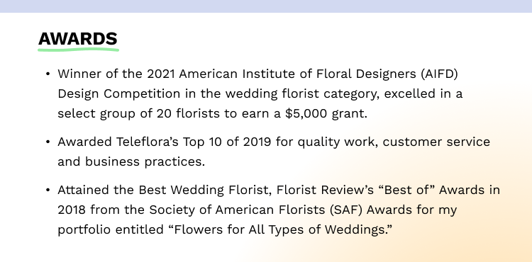 a separate award focused section