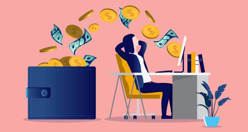 illustration of a female professional sitting at desk with money coming out of the computer