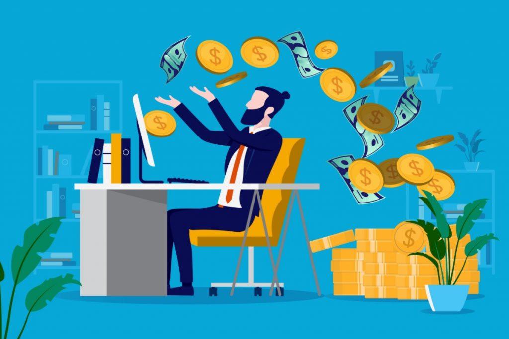 illustration of male professional sitting at desk with money coming out of coming and piling up behind him