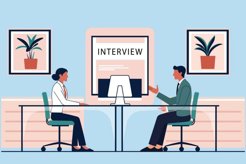 illustration of job interview with two people facing each other sitting a table in an office