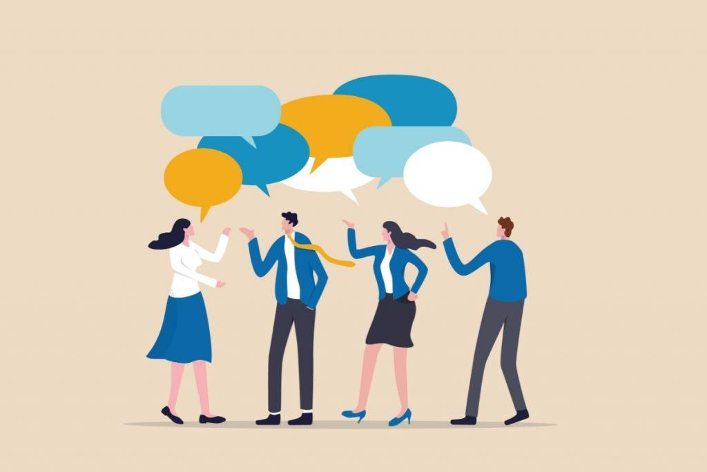 illustration of several people talking to each other with speech bubbles