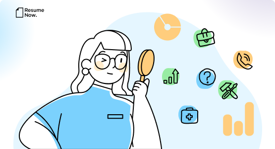 title graphic of person holding magnifying glass and looking at icons such as first-aid, growth chart, etc...