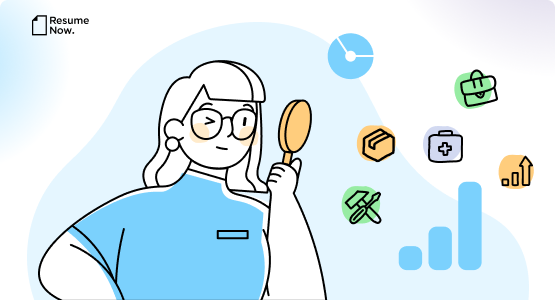 Illustration of worker with magnifying glass analyzing work force trends.