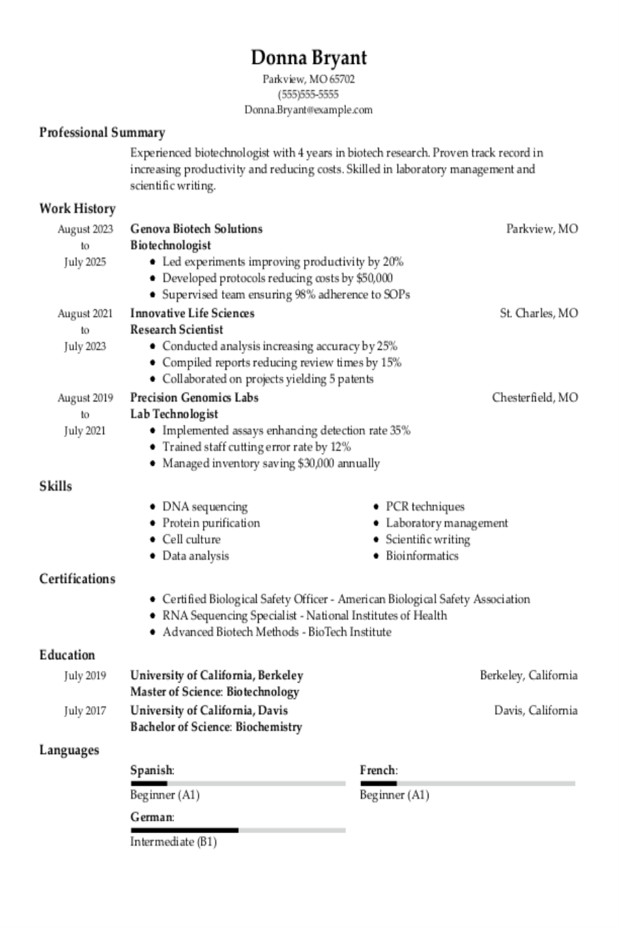 Biotechnologist Resume: Examples & Templates Biotechnologist Resume: Examples & Templates