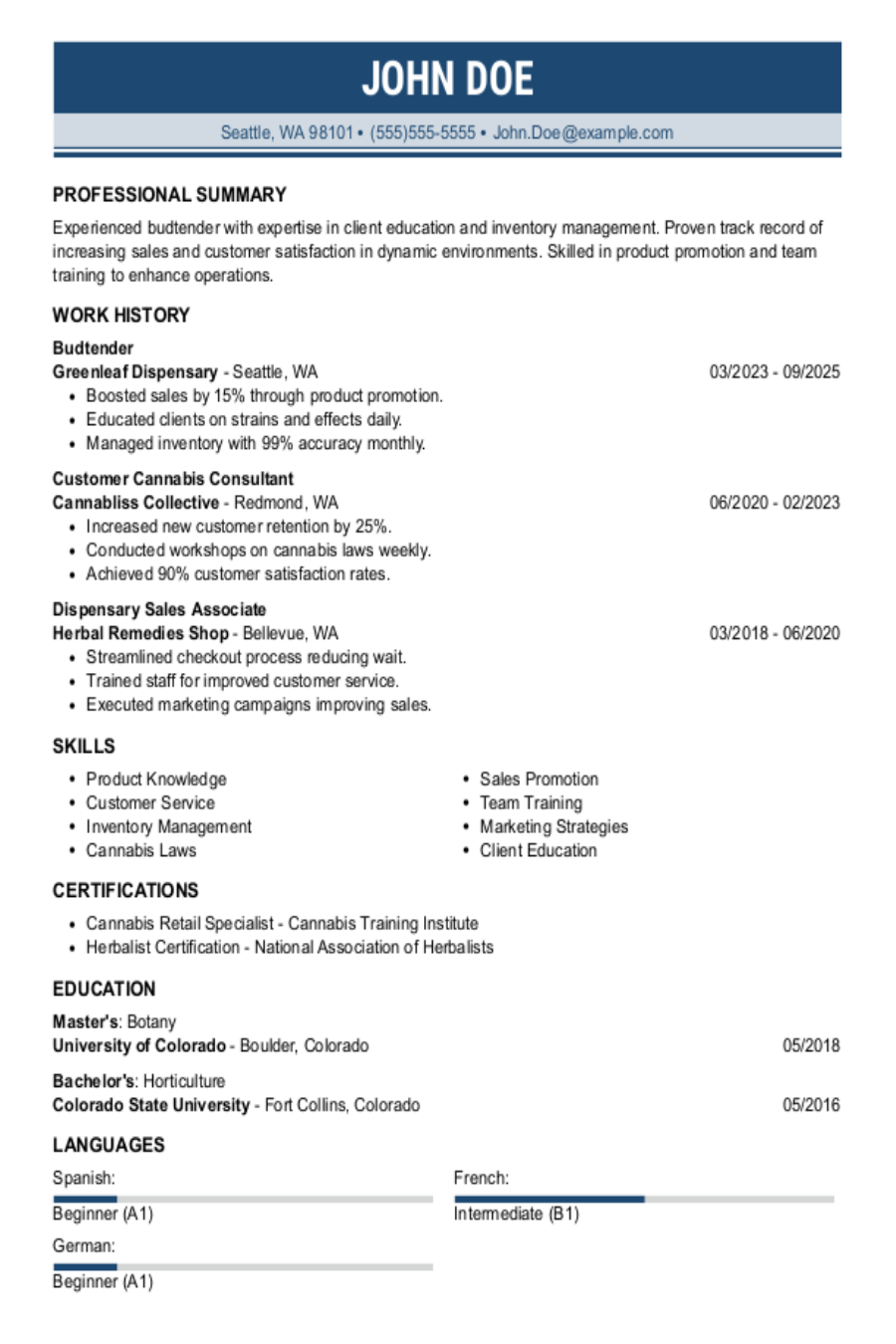Budtender Resume: Examples & Templates Budtender Resume: Examples & Templates