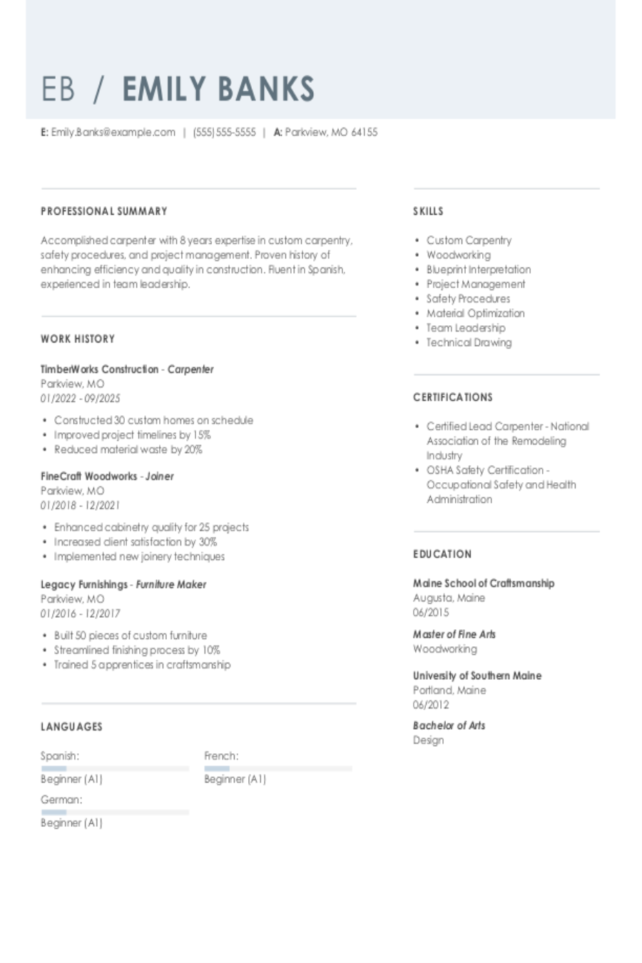 Carpenter Resume: Examples & Templates Carpenter Resume: Examples & Templates