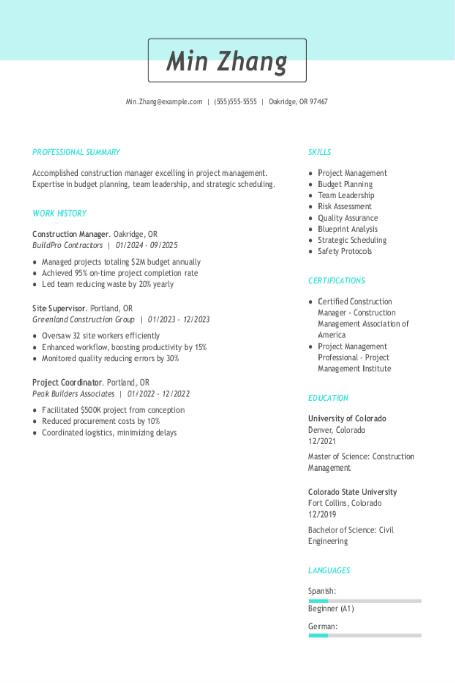 Construction Manager Resume: Examples & Templates Construction Manager Resume: Examples & Templates