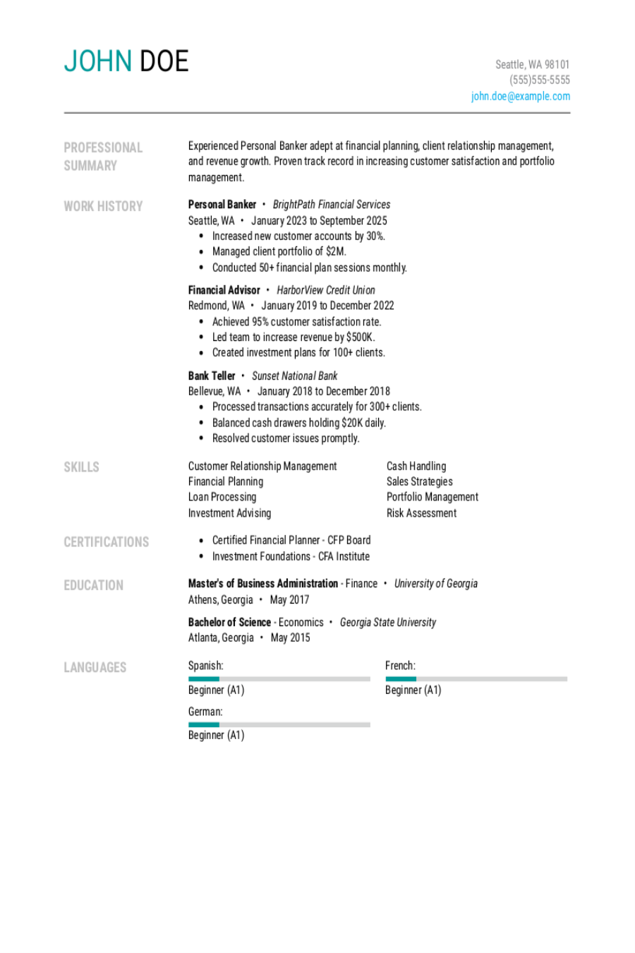 Personal Banker Resume: Examples & Templates Personal Banker Resume: Examples & Templates