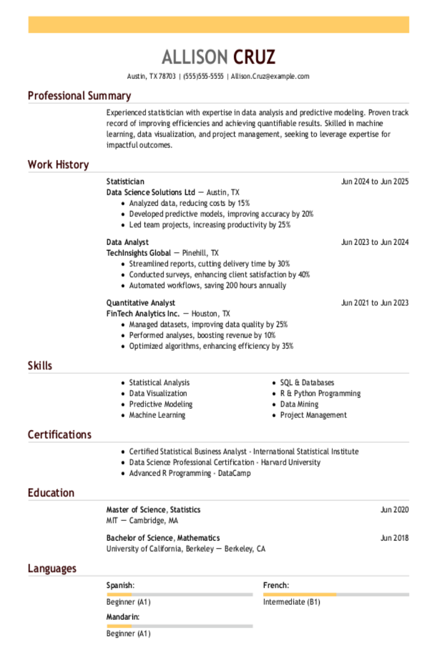 Statistician Resume: Examples & Templates Statistician Resume: Examples & Templates