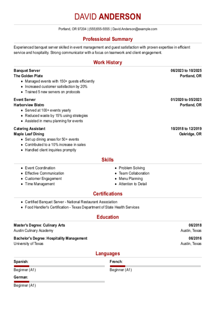 Banquet Server Resume Example