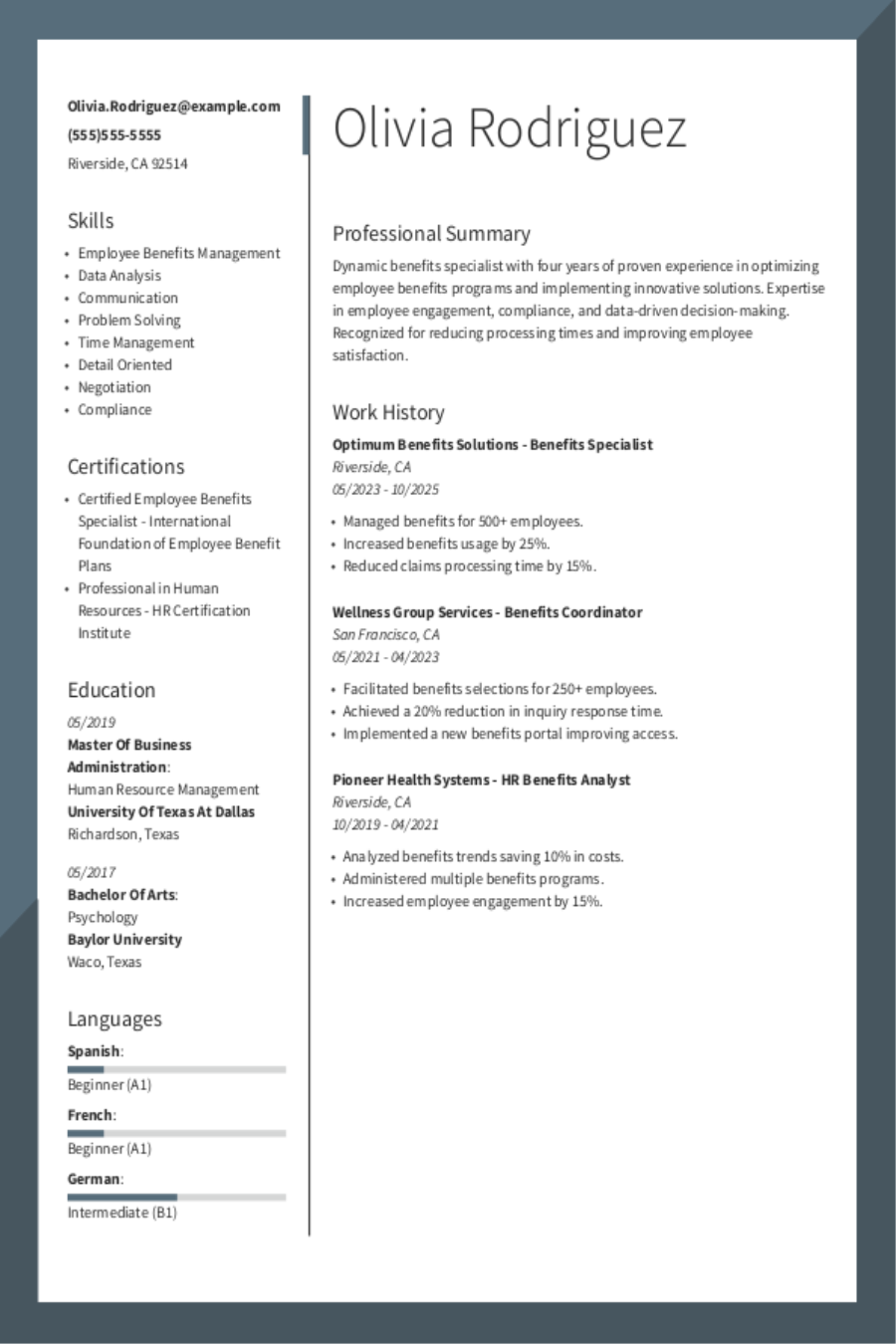 Benefits Specialist Resume Sample