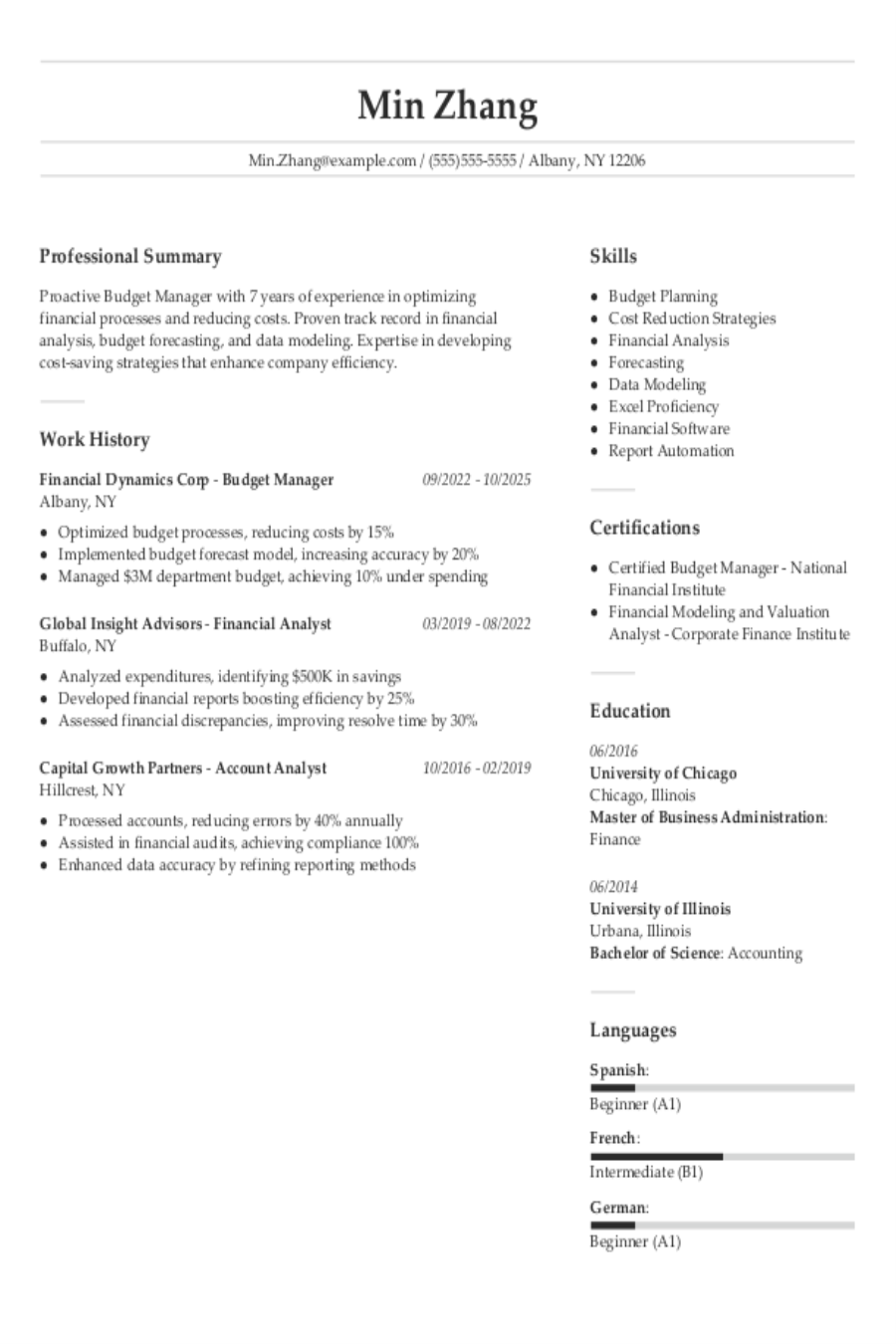 Budget Manager Resume Example