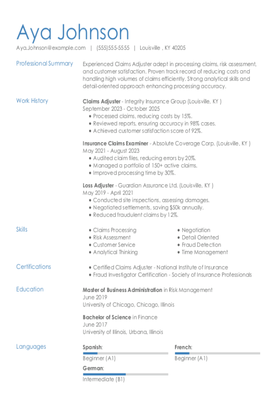 Claims Adjuster Resume Sample