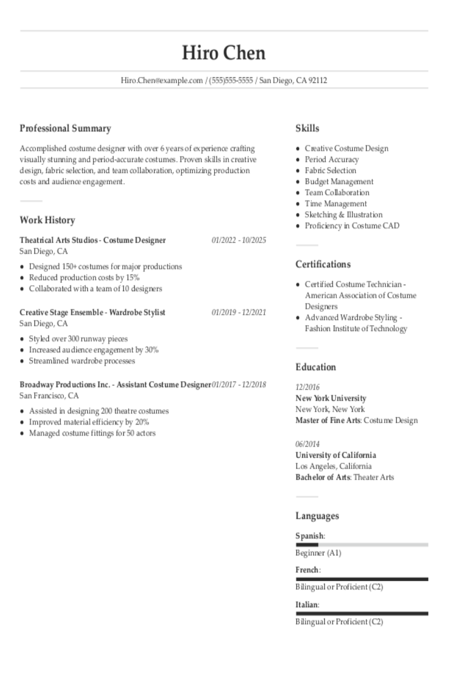 Costume Designer Resume Examples & Guide