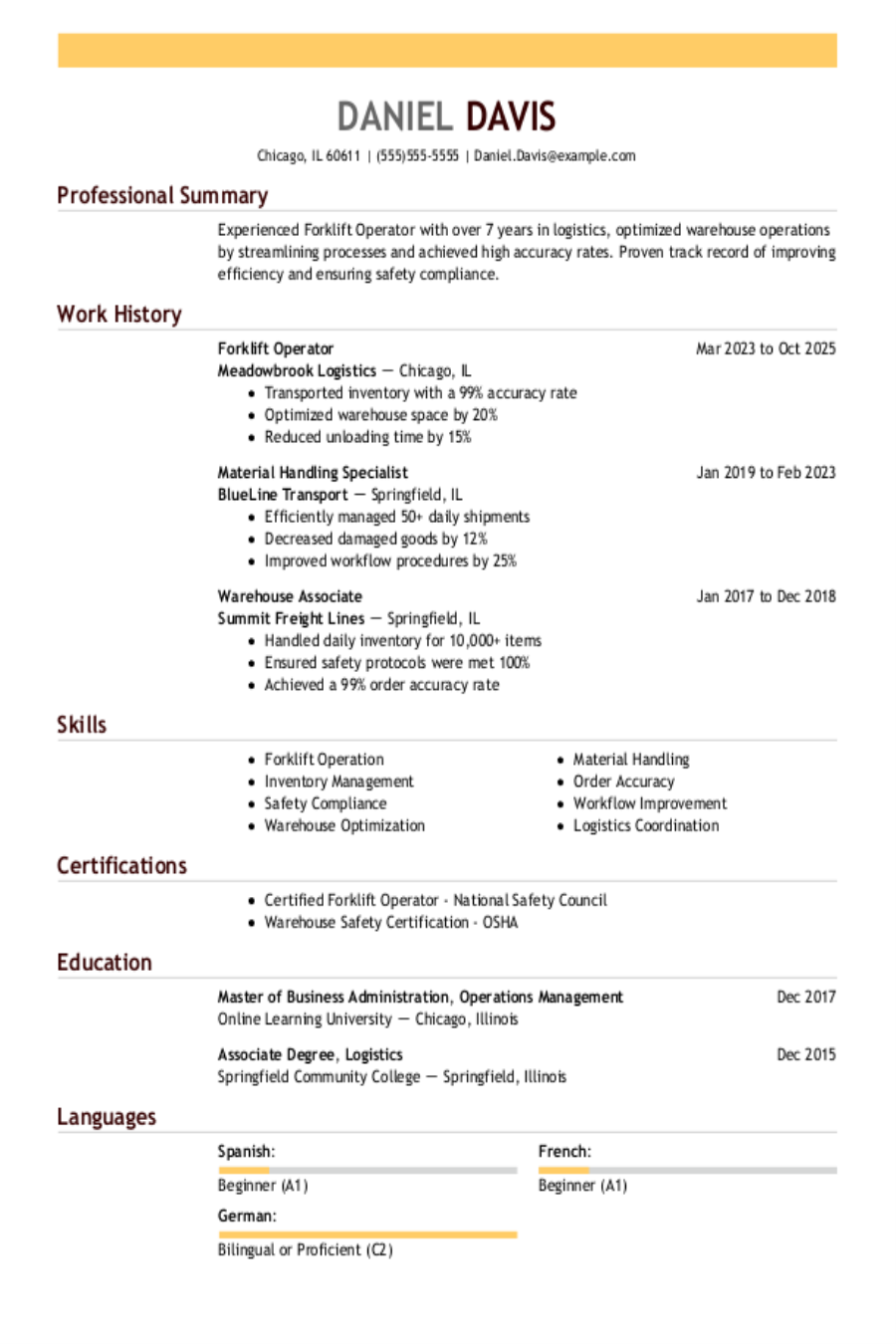 Forklift Operator Resume: Examples, Templates and Tips Forklift Operator Resume: Examples, Templates and Tips