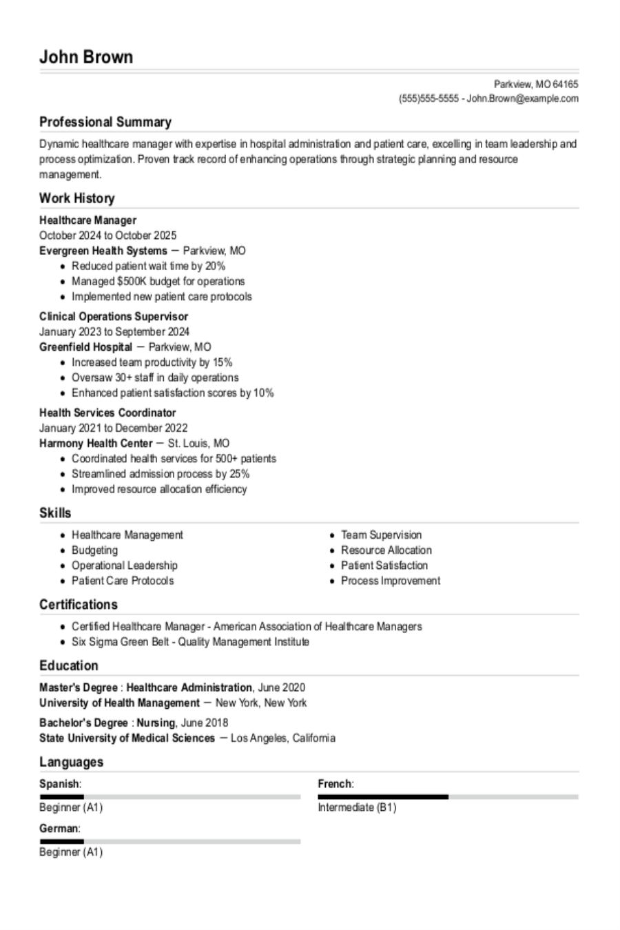 Healthcare Management Resume Template