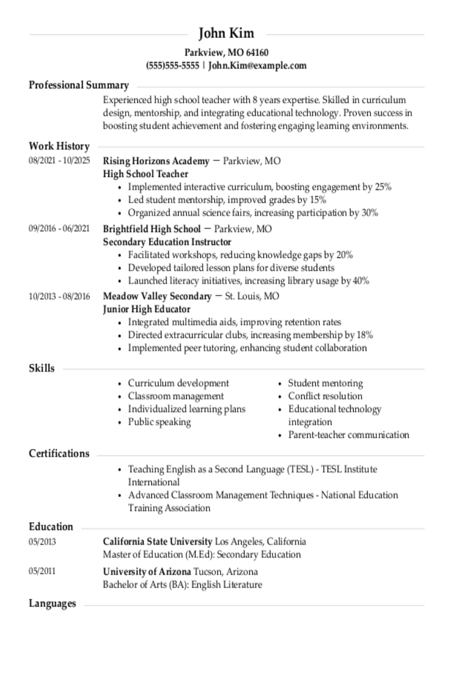 High School Teacher Resume for 2025: Examples and Guide High School Teacher Resume for 2025: Examples and Guide