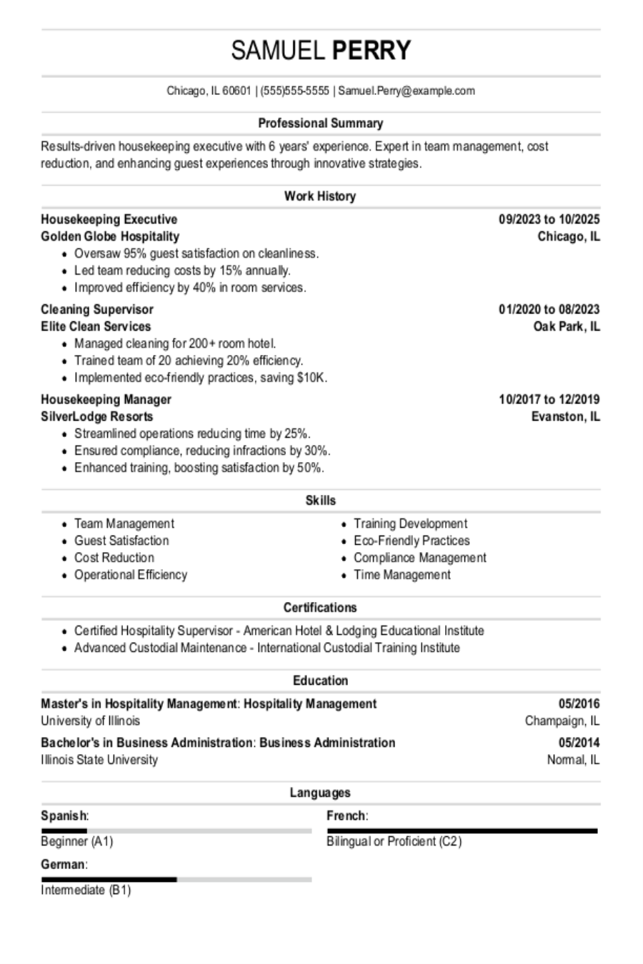 Executive Housekeeper Resume Example