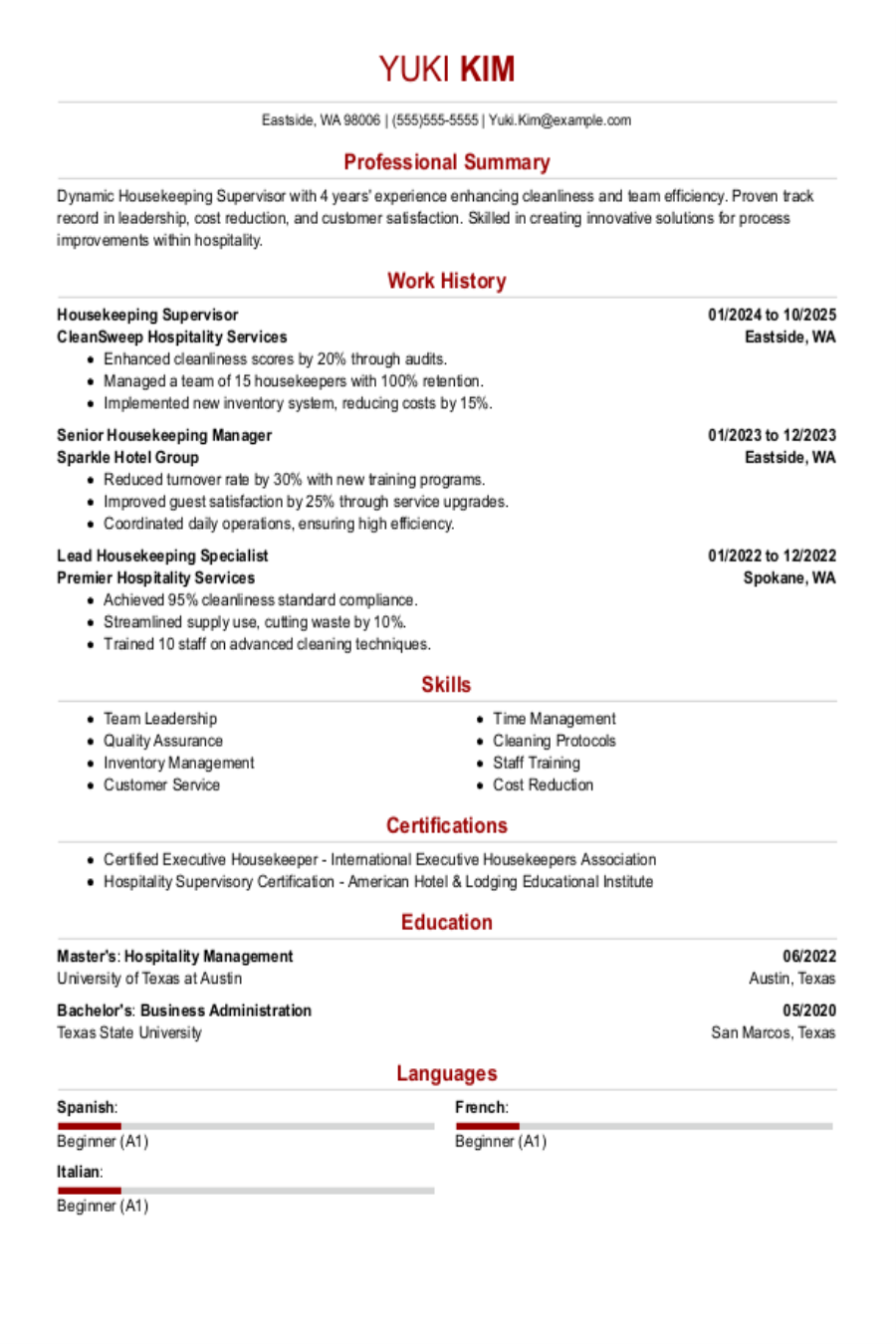 Housekeeping Supervisor Resume Example