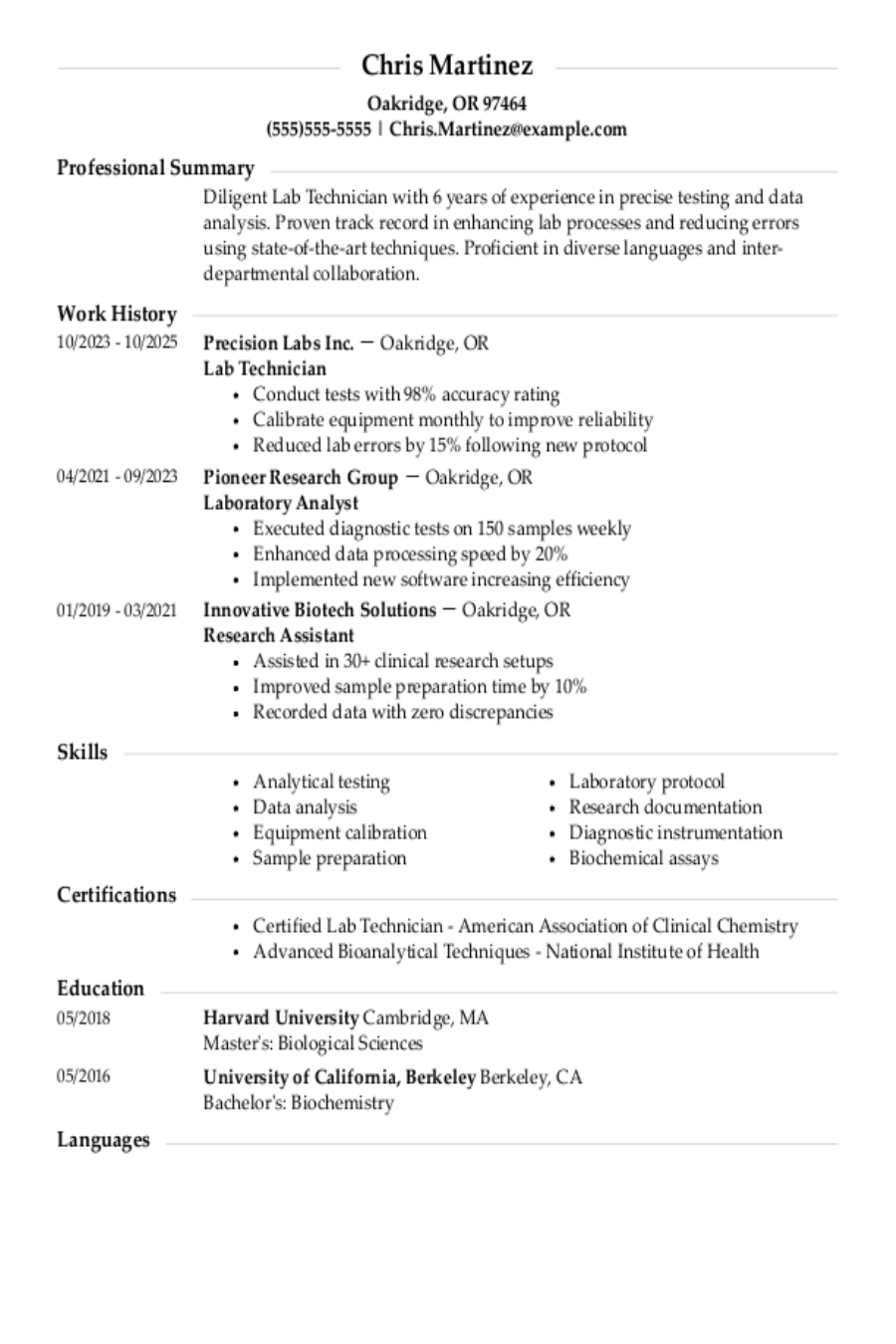 Laboratory Technician Resume: Examples, Templates & Tips Laboratory Technician Resume: Examples, Templates & Tips