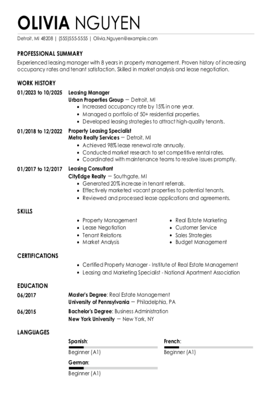 Leasing Manager Resume: Examples, Templates & Tips for 2025 Leasing Manager Resume: Examples, Templates & Tips for 2025