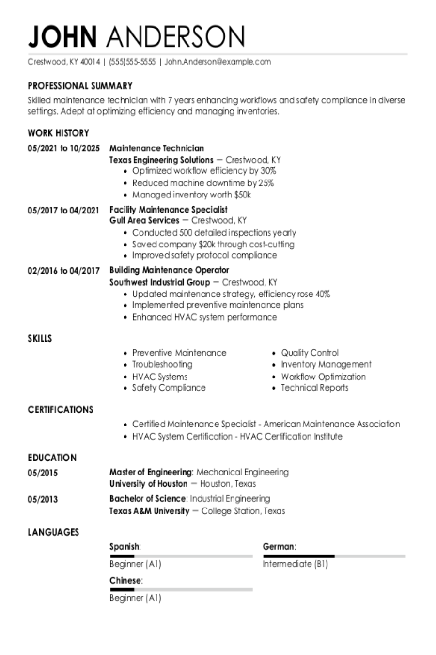 Maintenance Technician Resume: Examples, Templates and Tips for 2025