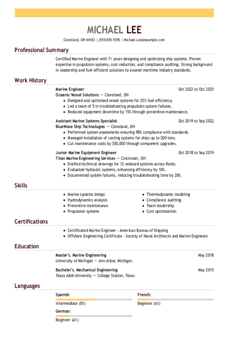 Marine Engineer Resume Example