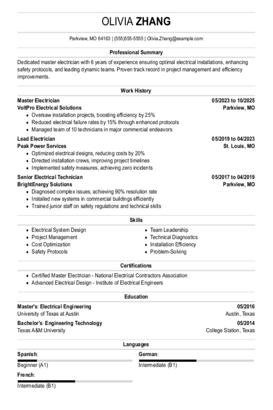 Master Electrician Resume Example
