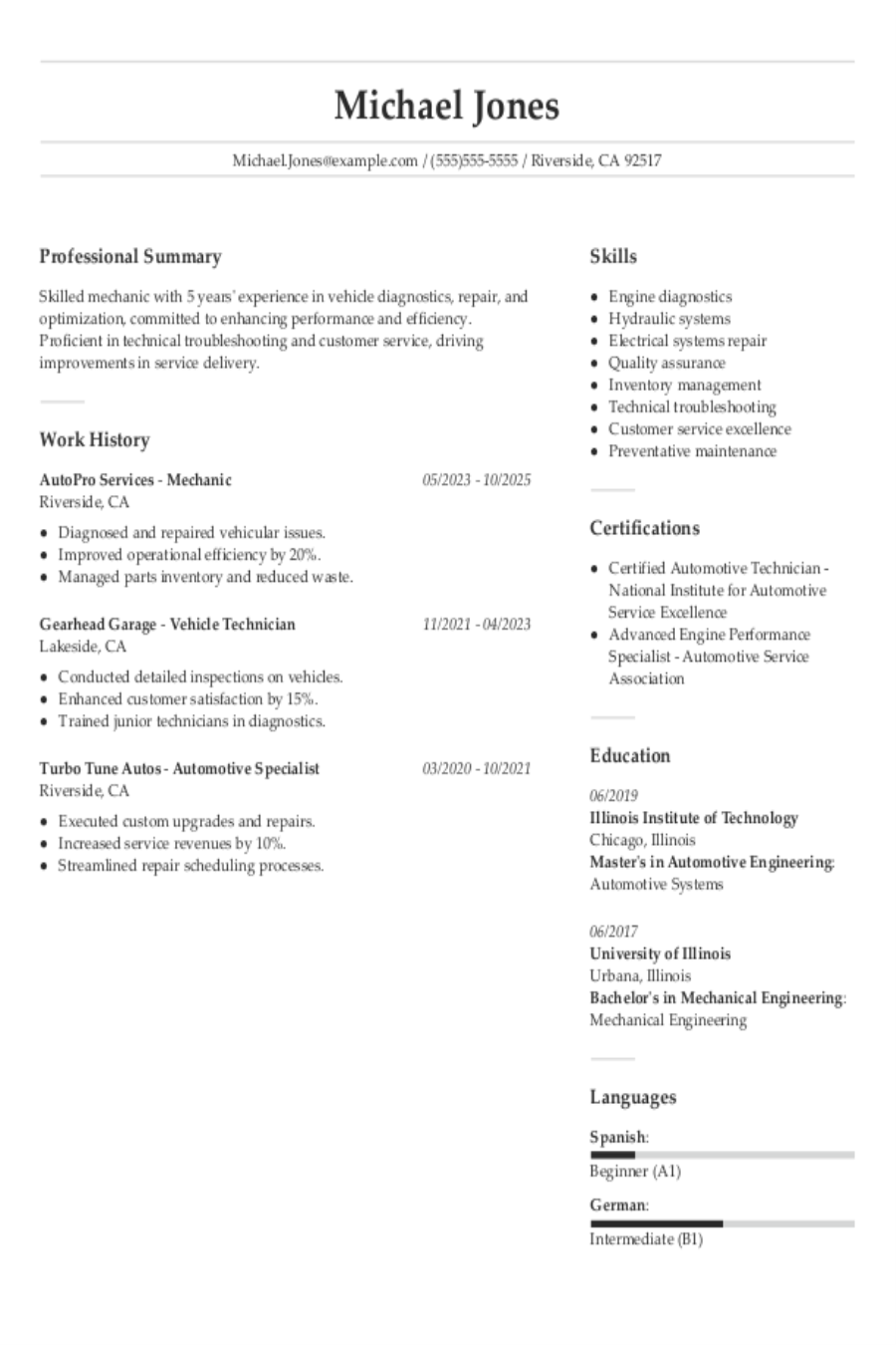 Professional Mechanic Resume Example Guide
