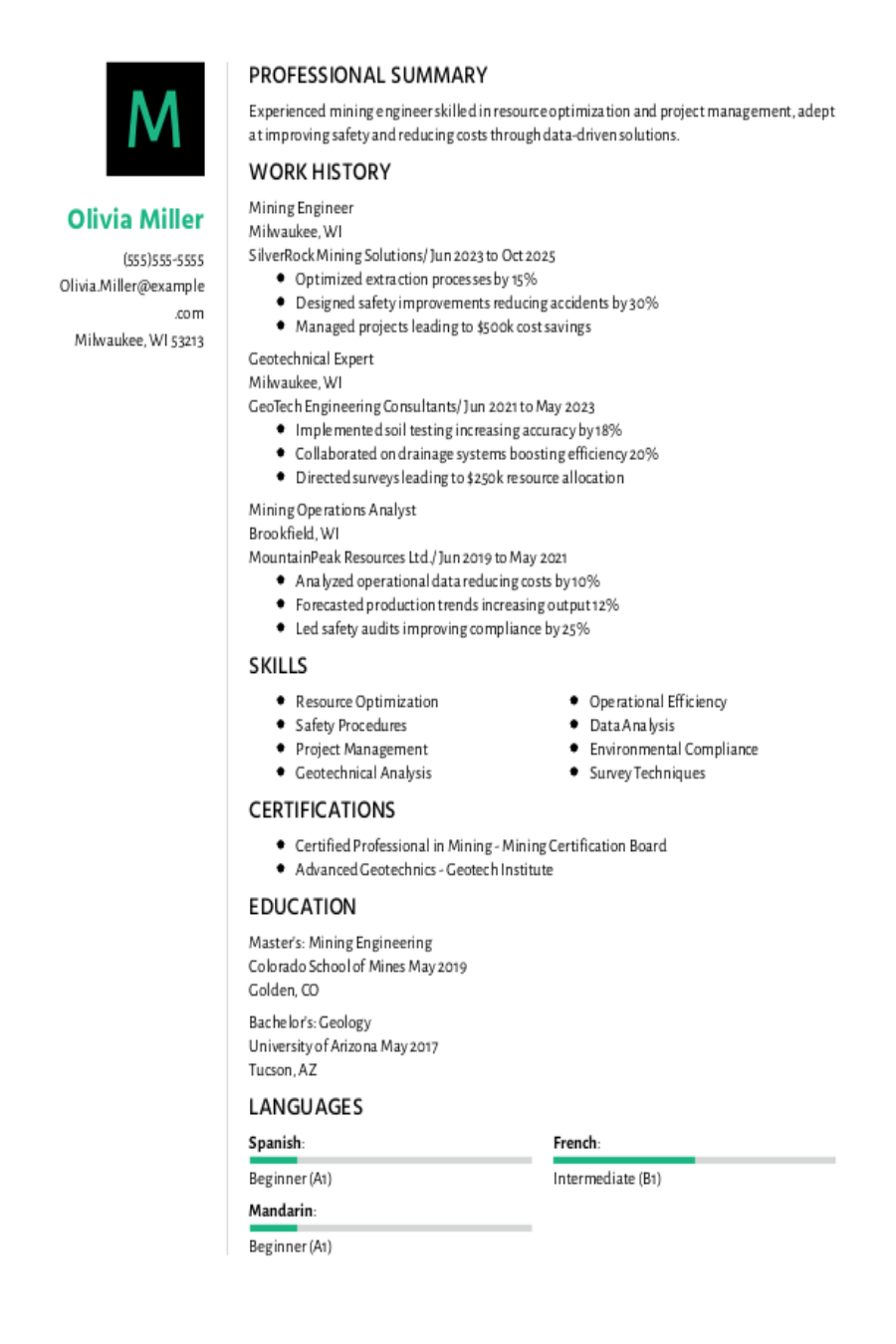 Mining Engineer Resume Example