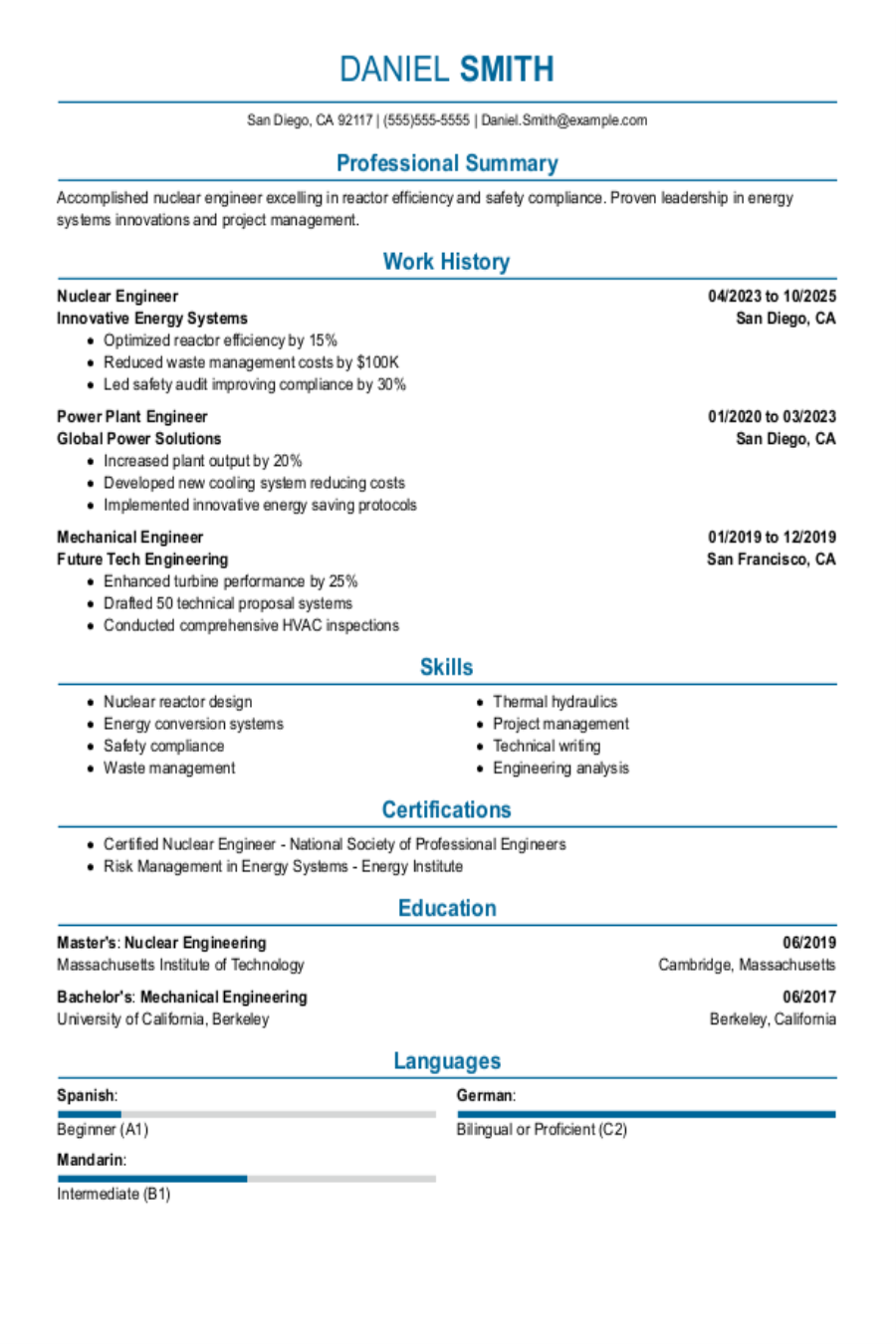 Nuclear Engineer Resume Example