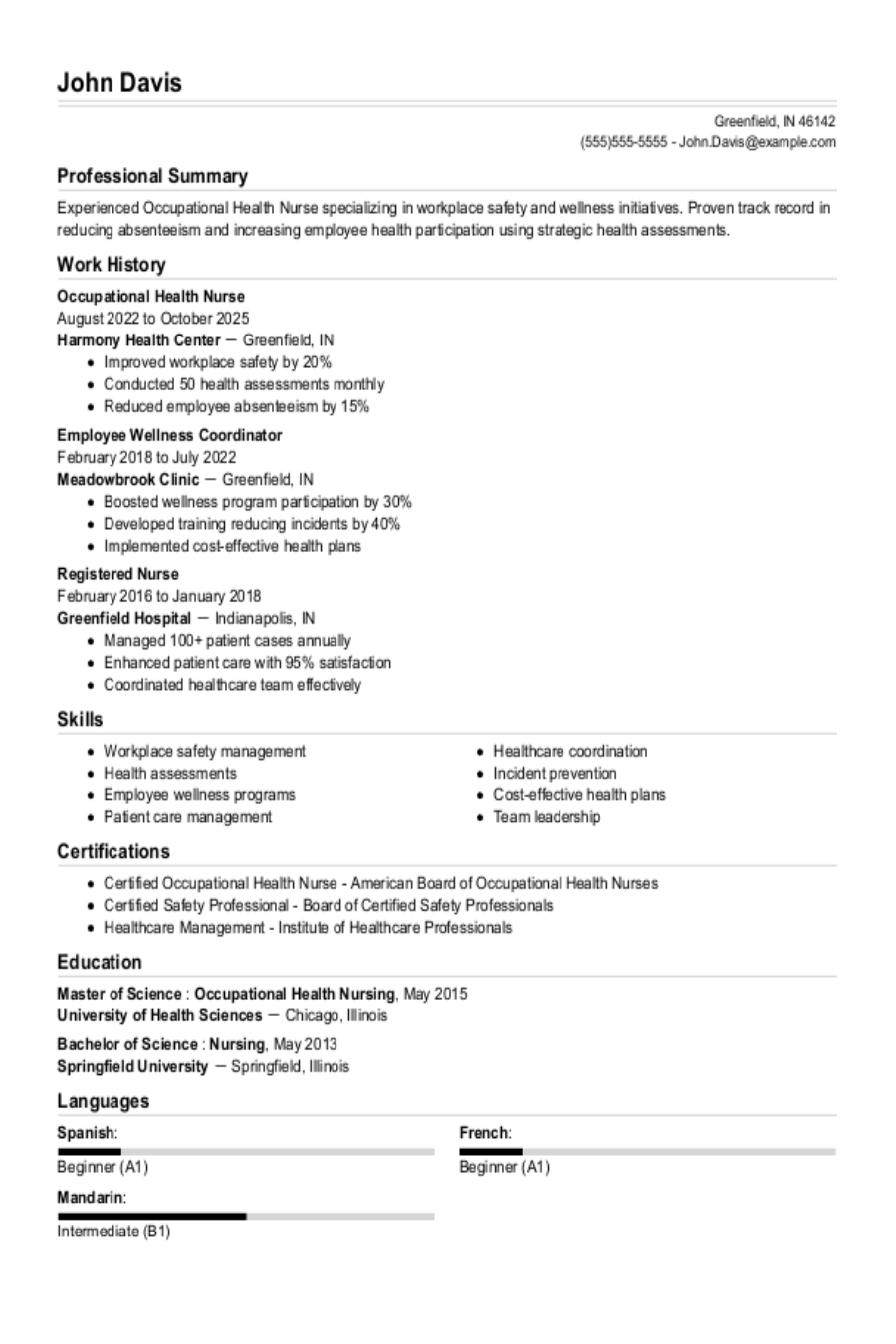 Occupational Health Nurse Resume: Examples & Skills Occupational Health Nurse Resume: Examples & Skills