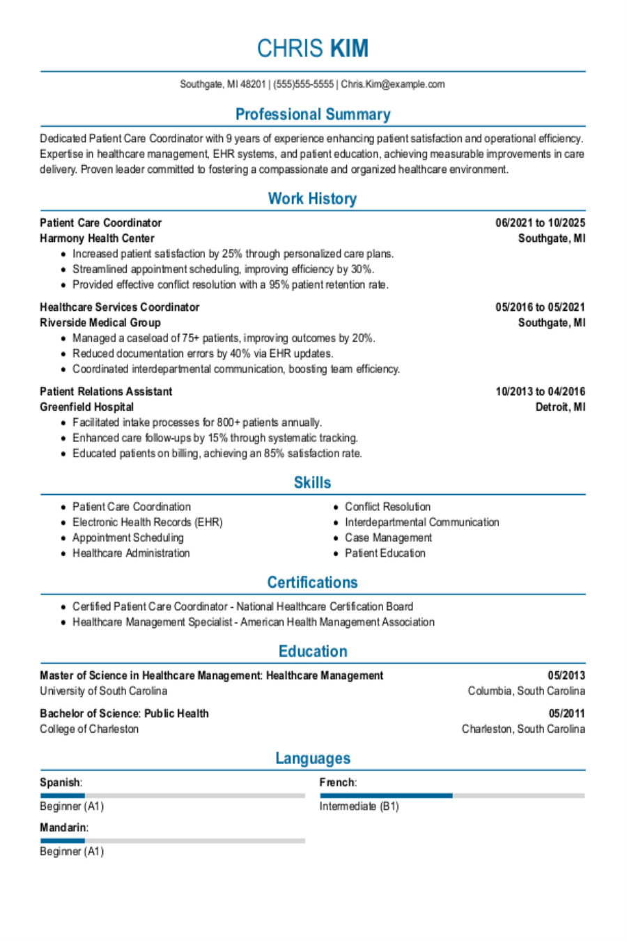 Patient Care Coordinator Resume Example