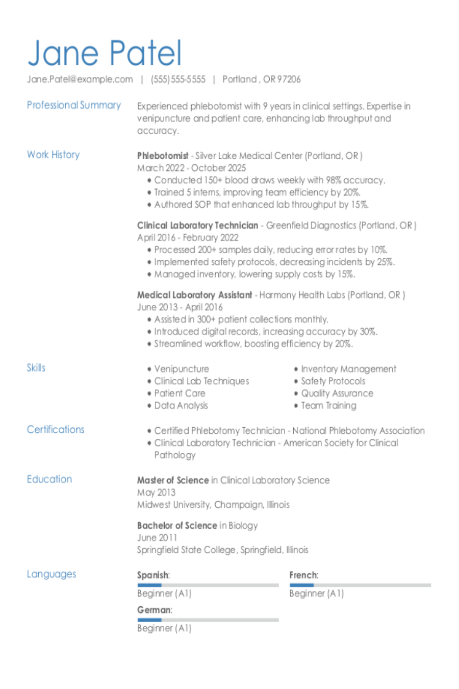 Phlebotomist Resume Examples & Guide