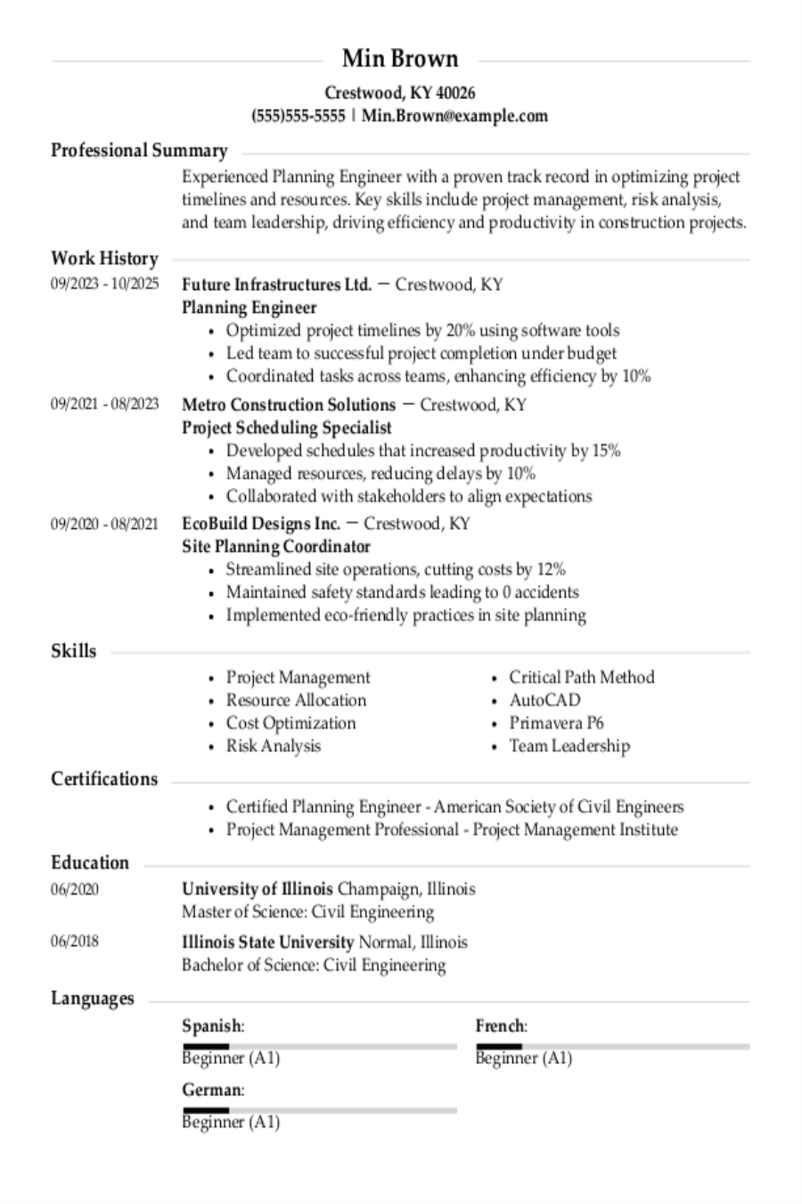 Planning Engineer Resume Example