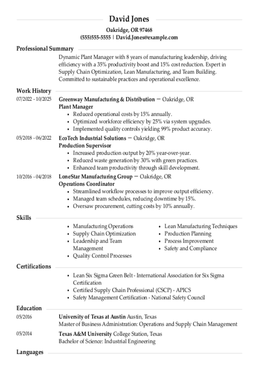 Plant Manager Resume: Examples, Templates and Tips Plant Manager Resume: Examples, Templates and Tips