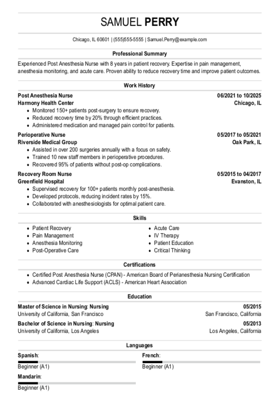 Post Anesthesia Nurse Resume Example Post Anesthesia Nurse Resume Example