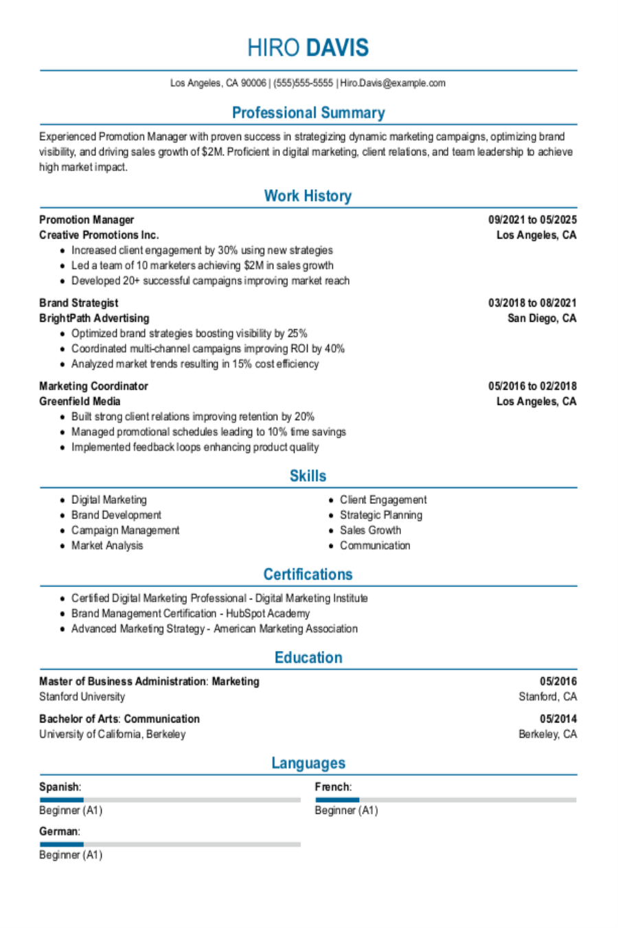 Marketing And Promotions Manager Resume Example Marketing And Promotions Manager Resume Example