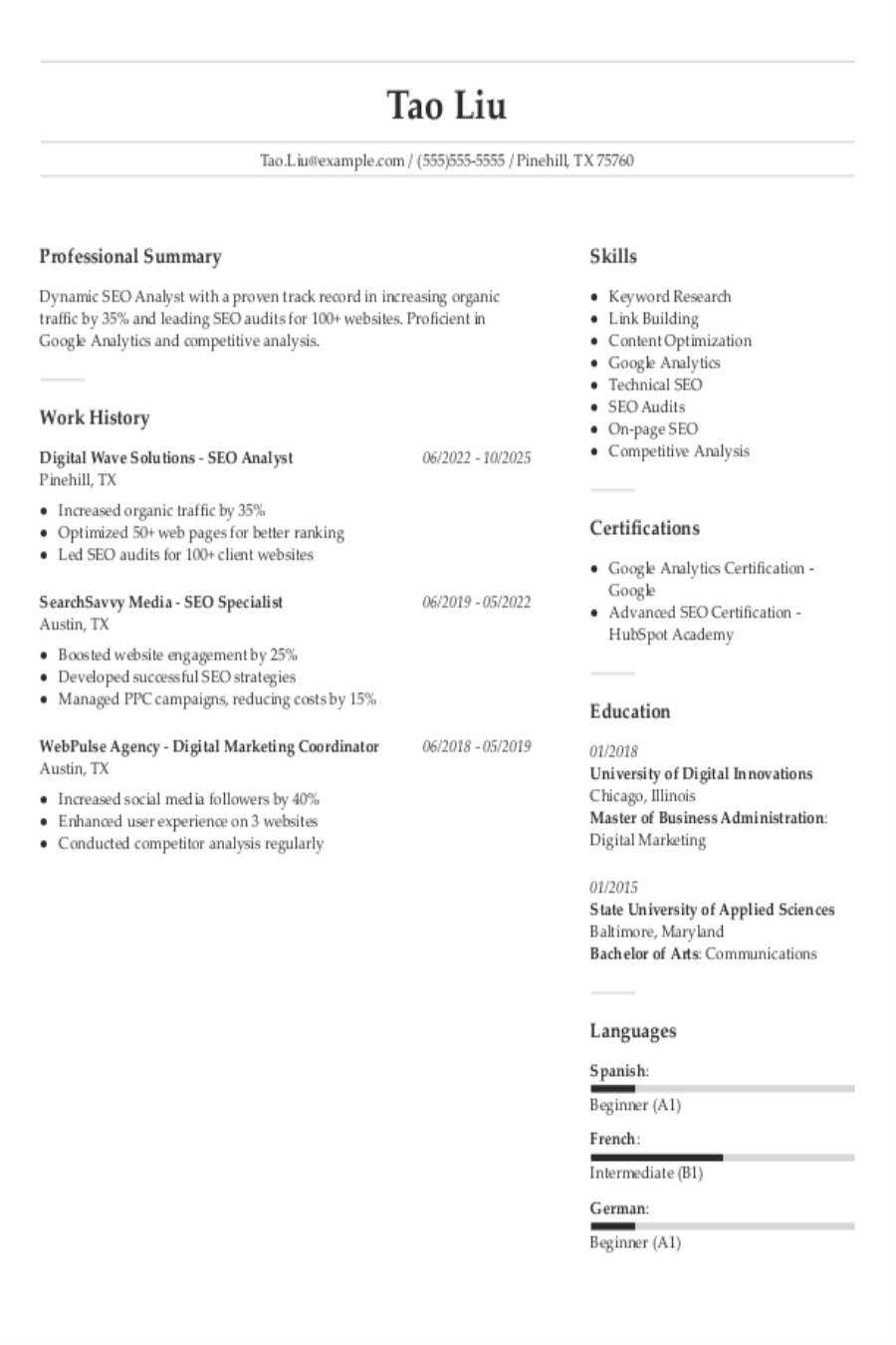 SEO Analyst Resume Example