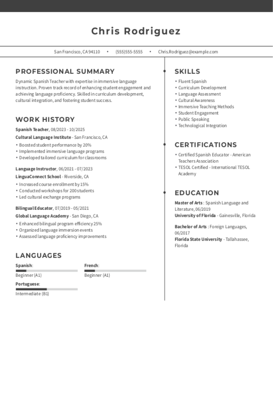 Spanish Teacher Resume Example Spanish Teacher Resume Example