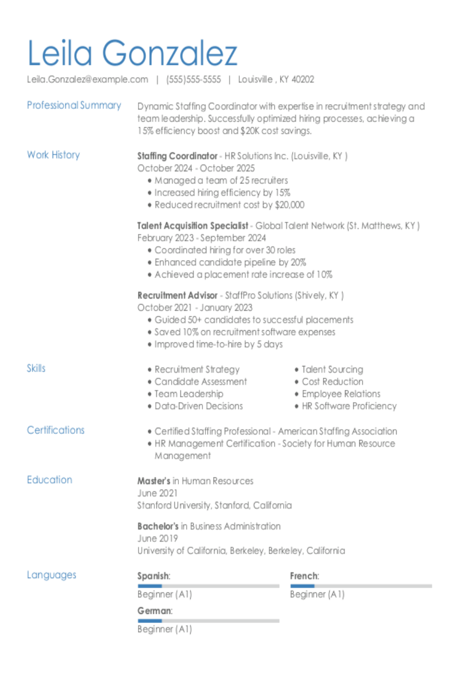 Staffing Coordinator Resume Example
