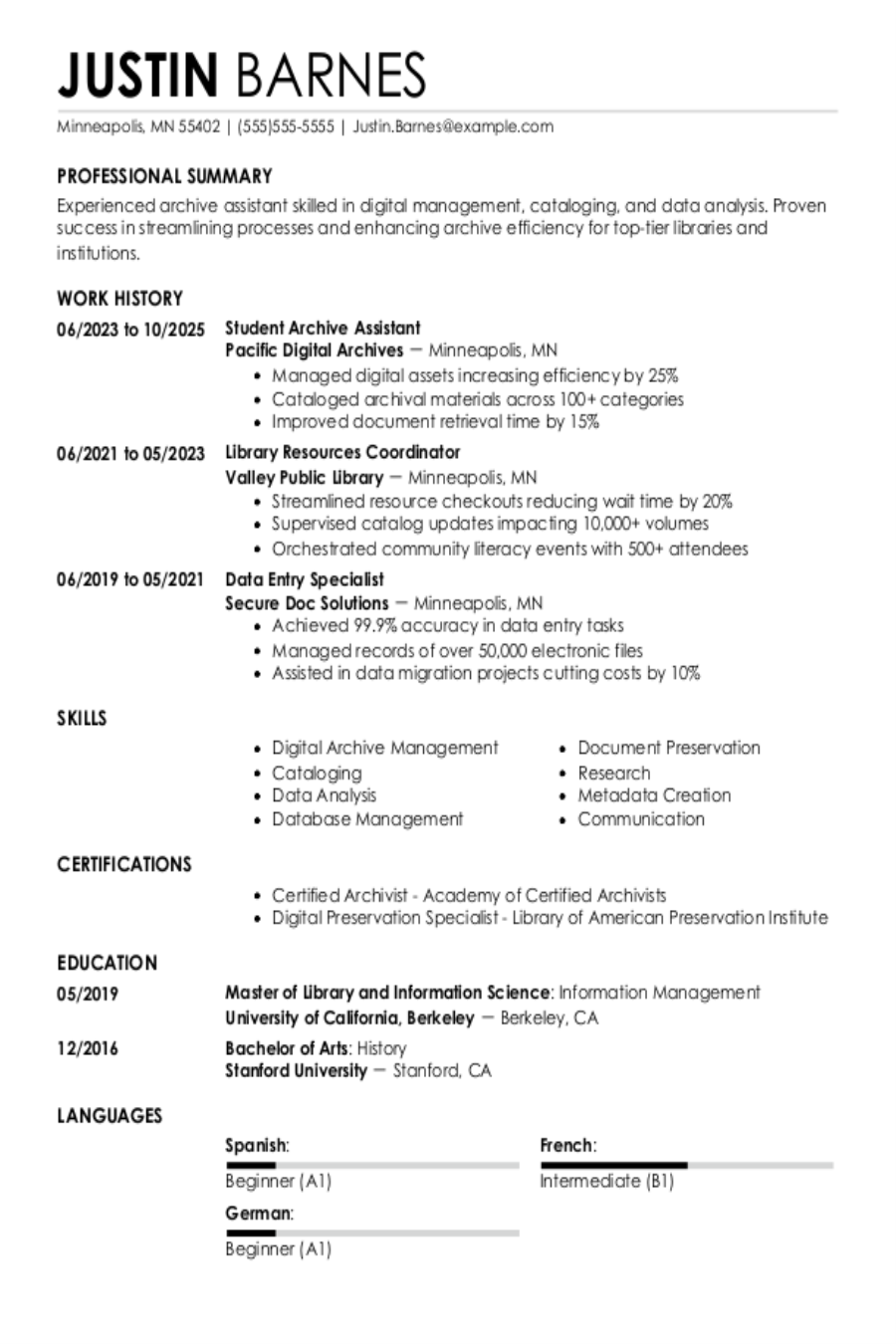 Archive Assistant Resume Example